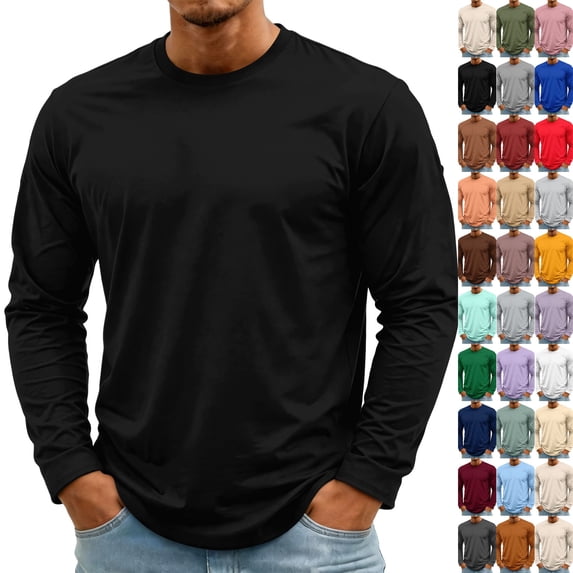 Men's Long Sleeve Tee Shirts Crewneck Curved Hem Plain Tee Moisture Wicking Casual T-Shirts Solid Color Black XXL
