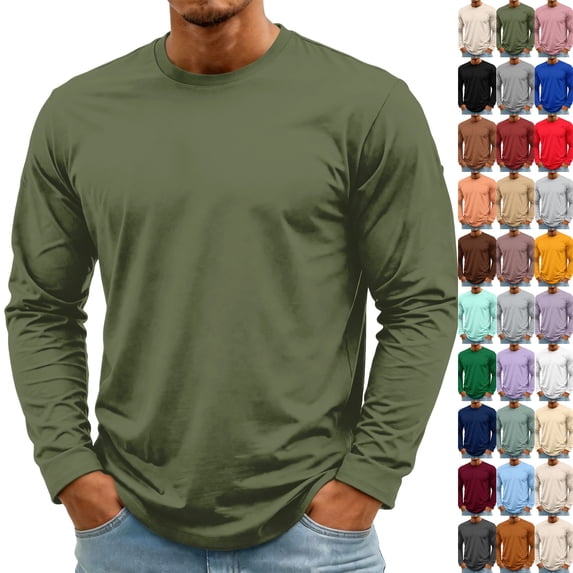 Men's Long Sleeve Tee Shirts Crewneck Curved Hem Plain Tee Moisture Wicking Casual T-Shirts Solid Color Green 3XL