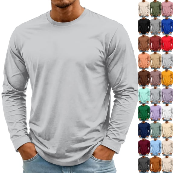 Men's Long Sleeve Tee Shirts Crewneck Curved Hem Plain Tee Moisture Wicking Casual T-Shirts Solid Color Light Gray M