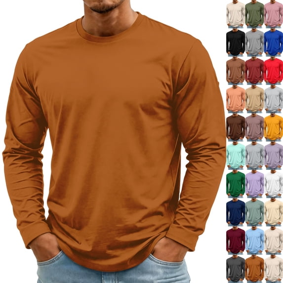 Men's Long Sleeve Tee Shirts Crewneck Curved Hem Plain Tee Moisture Wicking Casual T-Shirts Solid Color Orange XXL