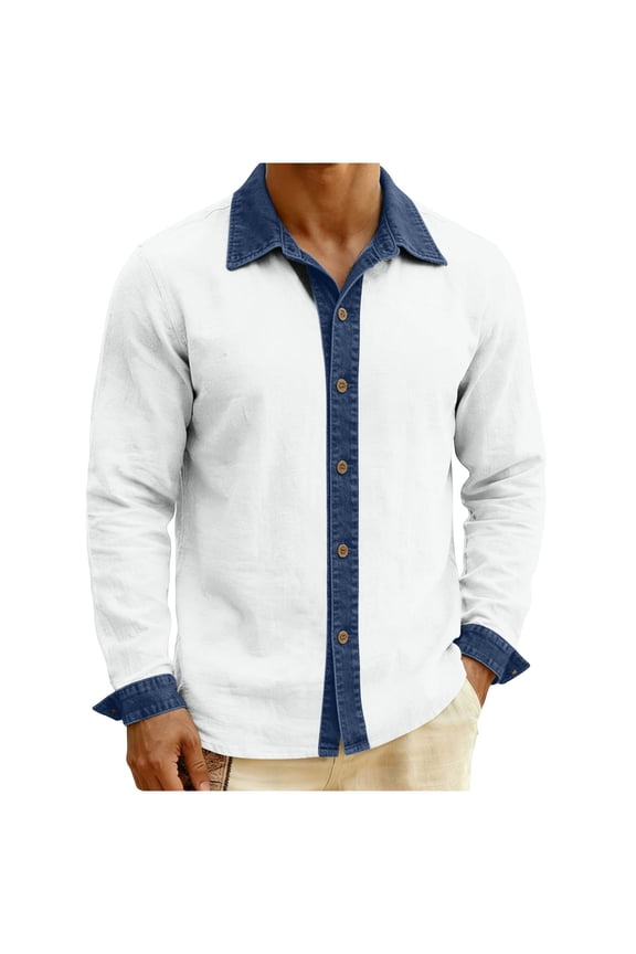 Men's Long Sleeve Tee Shirts Denim Patchwork Linen Shirts Button Down Polo Shirts Denim Patchwork Blouses Loose Lapel for Fishing Workout Athletic Gym