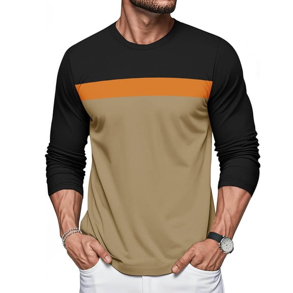 Men's Long Sleeve Tee Shirts Fashion Color Block Pullover Top Casual Round Neck T-Shirts Fitness Sports Blouse Basic Tops