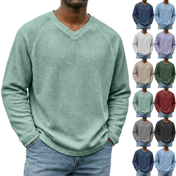 Men's Long Sleeve Thermal Shirts | Waffle Thermal Tops with Pocket, V Neck Undershirts Tees, Fall Winter Casual Base Layer