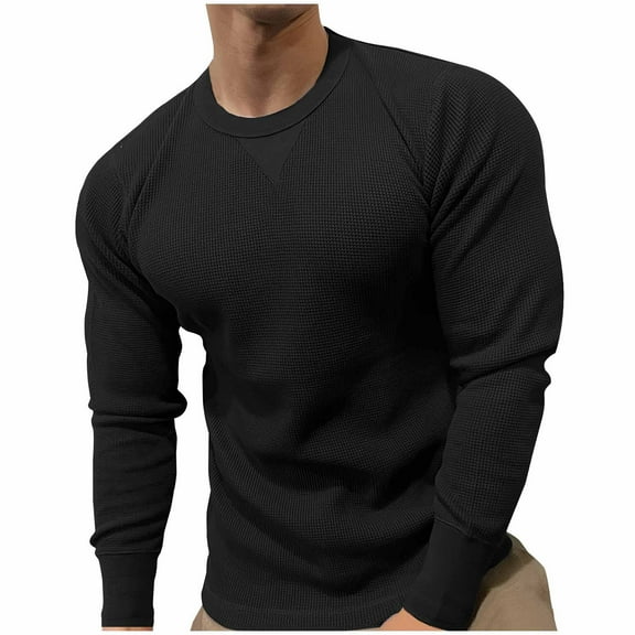 Men's Long Sleeve Thermal Tops Waffle Crew Neck Shirt Fashion Fall Casual Loose Solid Color Basic Tshirt for Men (Black L)