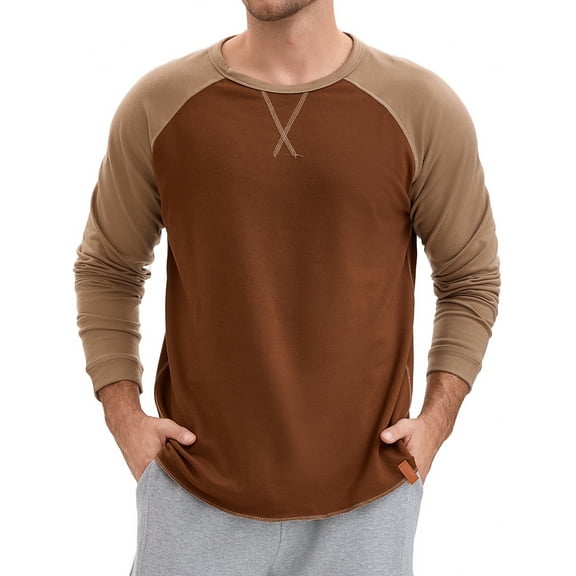 Men's Long Sleeve Tops Color Block Casual Raglan T-Shirt L Brown Khaki
