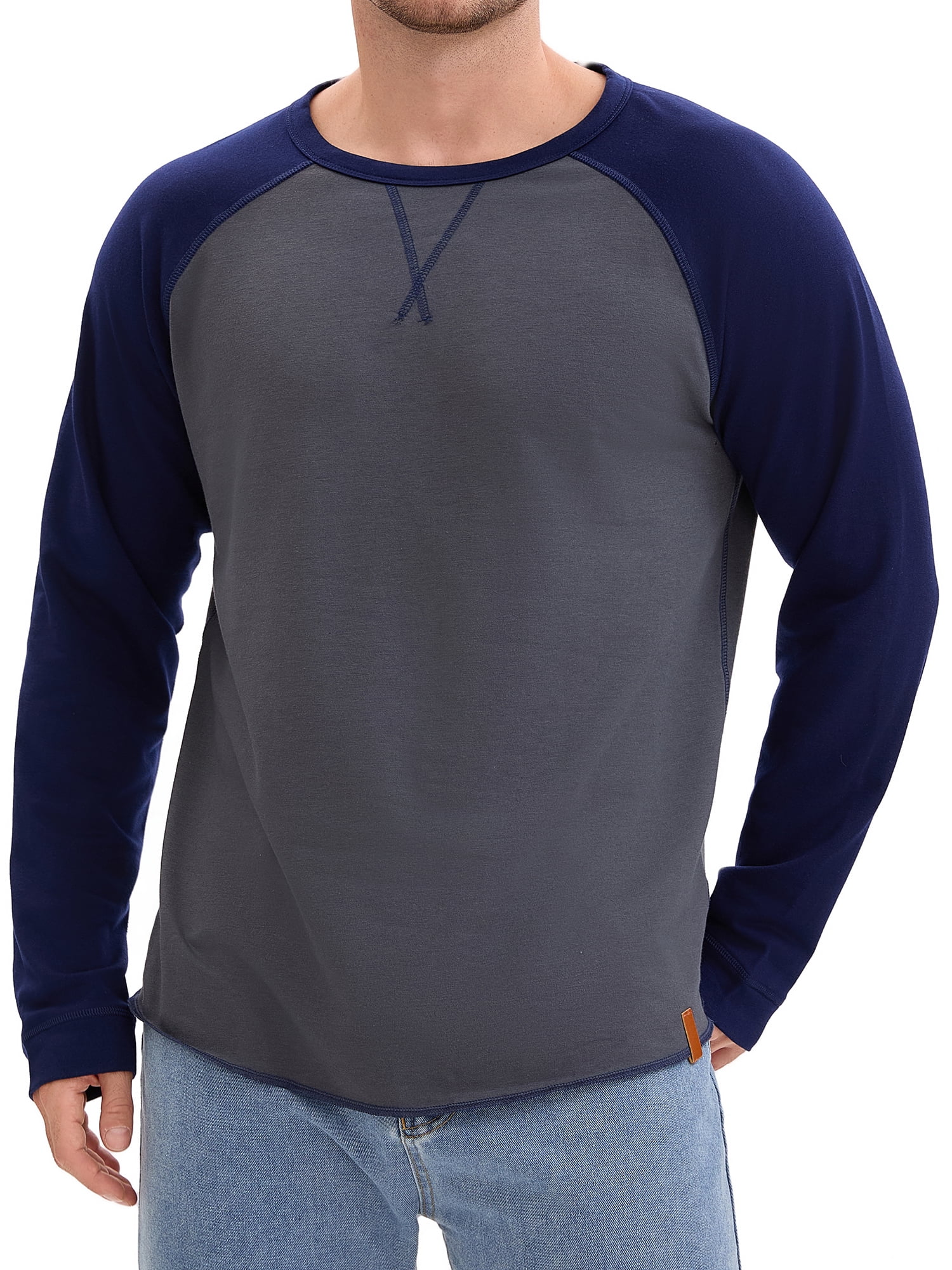 Men's Long Sleeve Tops Color Block Casual Raglan T-Shirt L Gray