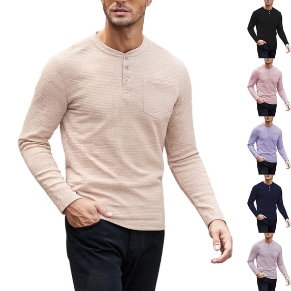 Men's Long Sleeve Tops Henrycollar Solid Color Button Round Neck Tops for Daily Work Wear