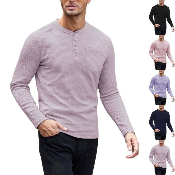 Men's Long Sleeve Tops Henrycollar Solid Color Button Round Neck Tops for Daily Work Wear