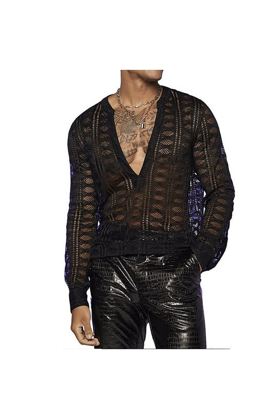 Men's Long Sleeve Tops Hollow Out Lace Deep V Neck Shirt See Through Casual Party Clubwear Black T-shirts (2XL, Black)