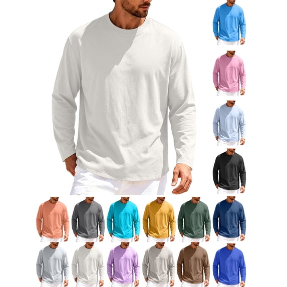 Men's Long Sleeve Tops, Ndbuld Men's Solid Color Round Neck Pullover, Loose Fit Lightweight Casual Fitness Shirt for Daily Wear S-XXXL