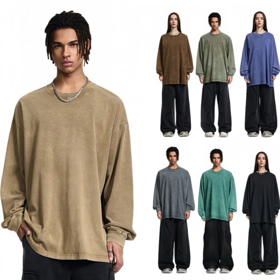 Men's Long Sleeve Tops Shirts Cotton Heavyweight Oversized Vintage Washed Tie-Dye Crew Neck Long Sleeve Shirts For Men,Spring&Autumn,Dark Gray,M