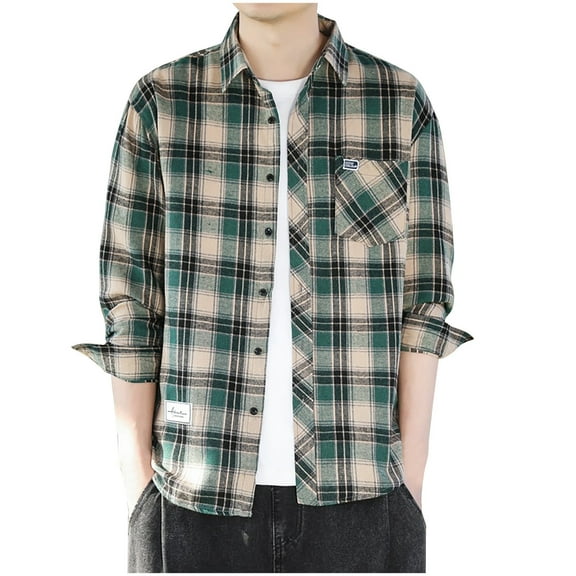 Men's Long Sleeve Tshirts Tops Plaid Button Shirt Casual Lapel Neck Cardigan Coat Lightweight T Shirt with Pocket