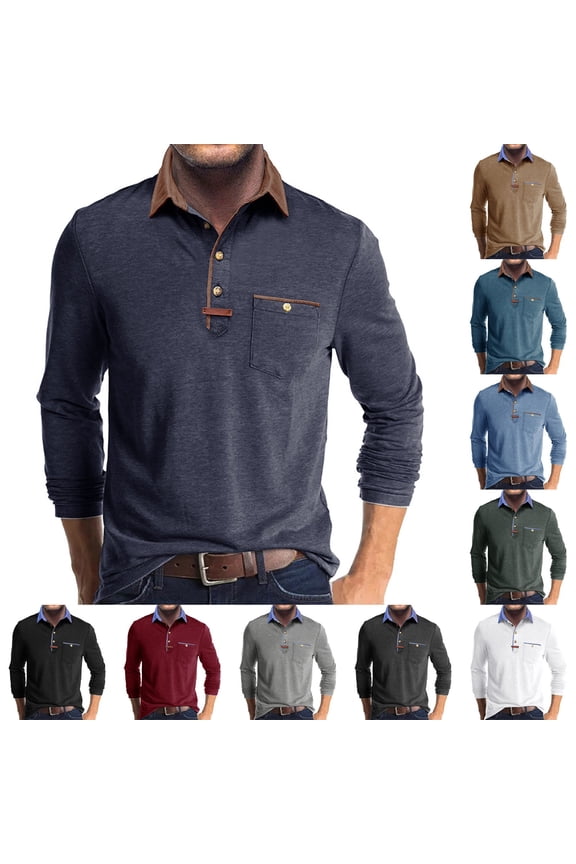 Men's Long Sleeve Turn Collar T-Shirt for Spring Fall Winter Fashion Top,Dark Blue,L