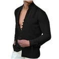 thumbnail image 1 of Men's Long Sleeve V Neck Button Up Shirts Cotton Linen Tops Solid Patchwork Front Pockets Lightweight Comfy Blouses Black,L, 1 of 5