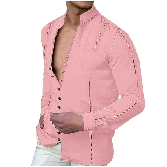 Men's Long Sleeve V Neck Button Up Shirts Cotton Linen Tops Solid Patchwork Front Pockets Lightweight Comfy Blouses Pink,2XL