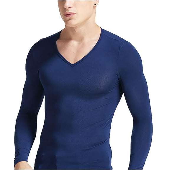 Men's Long Sleeve V Neck T Shirts Undershirt Base Layer Top Blue Size 2XL