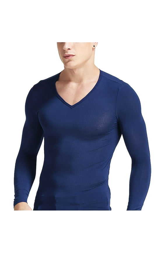 Men's Long Sleeve V Neck T Shirts Undershirt Base Layer Top Blue Size 2XL