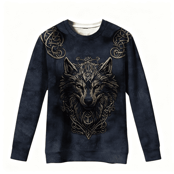 Men's Long Sleeve Viking Wolf Printed Celtic Crew Neck Sweatshirt Dark Retro Viking Cultural Fashion Long Sleeve Top for Men with Edgy Cultural Design(Black,XXXL)
