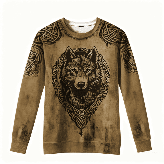 Men's Long Sleeve Vintage Distressed Viking Wolf Printed Celtic Crew Neck Sweatshirt Retro Viking Cultural Fashion Long Sleeve Top for Men with Edgy Retro Design(Brown,L)