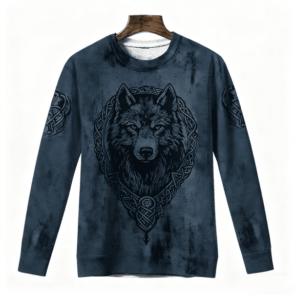 Men's Long Sleeve Vintage Distressed Viking Wolf Printed Celtic Crew Neck Sweatshirt Retro Viking Cultural Fashion Long Sleeve Top for Men with Edgy Retro Design(Blue,XXXL)