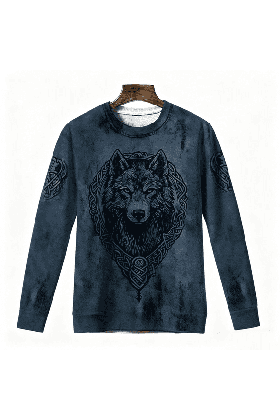Men's Long Sleeve Vintage Distressed Viking Wolf Printed Celtic Crew Neck Sweatshirt Retro Viking Cultural Fashion Long Sleeve Top for Men with Edgy Retro Design(Blue,XL)