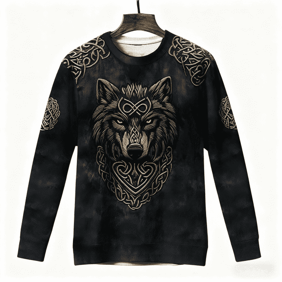 Men's Long Sleeve Vintage Distressed Viking Wolf Printed Celtic Crew Neck Sweatshirt Retro Viking Cultural Fashion Long Sleeve Top for Men with Edgy Retro Design(Black,XXXL)