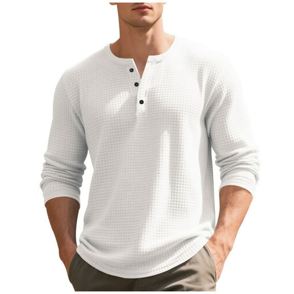 Men's Long Sleeve Waffle Henley Shirt Cotton 3-Button Spring Fall Casual T-Shirts Solid Color Textured Basic Tops