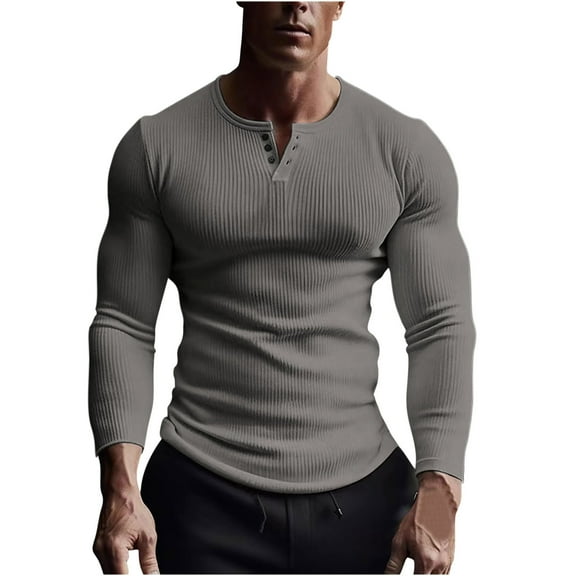 Men's Long Sleeve Waffle Henley Shirts Men's Henley Shirts Long Sleeve Basic Waffle Pique Pullover T-Shirt Crewneck Longline Muscle T-Shirt Gym Workout Athletic Shirt Tees with Button