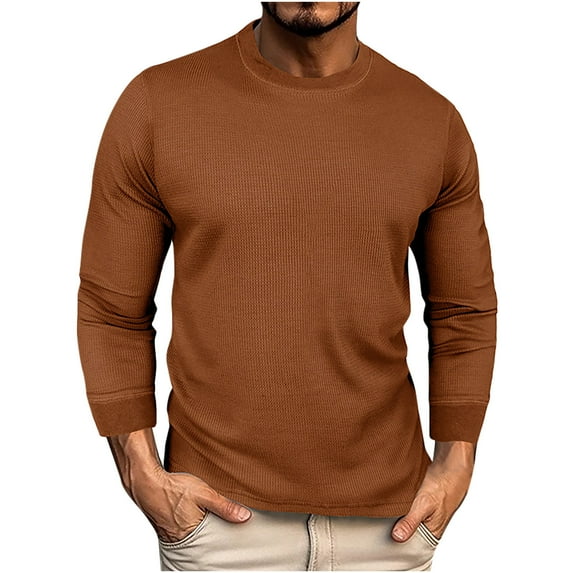 Men's Long Sleeve Waffle Henley Shirts Mens Crewneck Long-Sleeve Waffle Pique Pullover T-Shirt Basic Ribbed Pullover Sweater Sim Fit Thermal Tops Textured Wrinkle Free Shirts Stretchy Undershirts