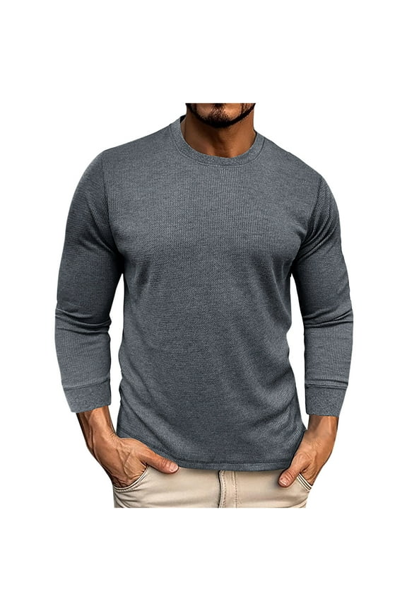 Men's Long Sleeve Waffle Henley Shirts Mens Crewneck Long-Sleeve Waffle Pique Pullover T-Shirt Basic Ribbed Pullover Sweater Sim Fit Thermal Tops Textured Wrinkle Free Shirts Stretchy Undershirts