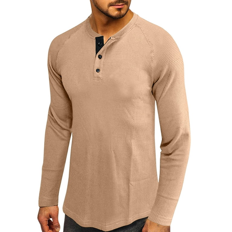 Men's Long Sleeve Waffle Henley Shirts Slim Fit Lightweight