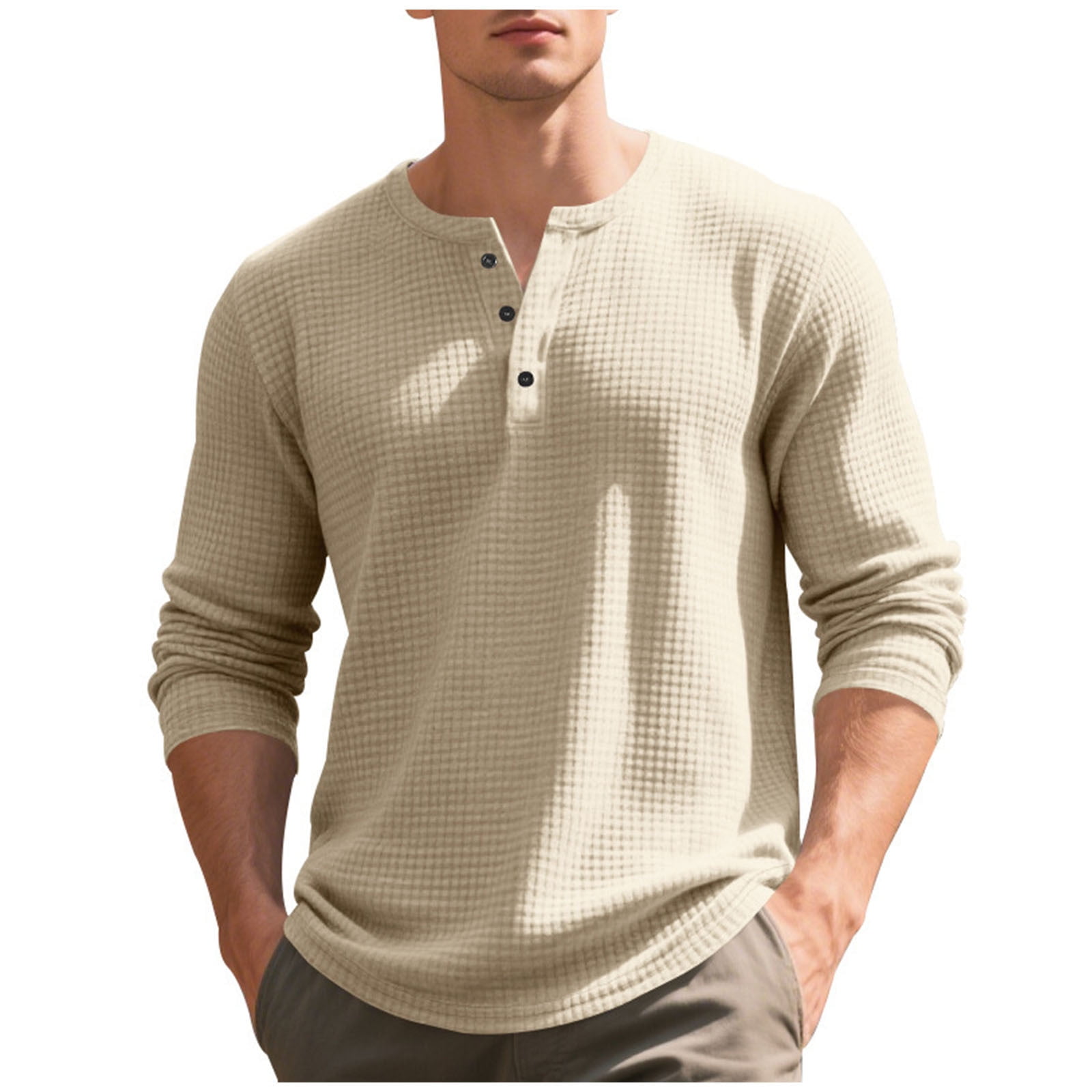 Men's Long Sleeve Waffle Knit Tops 3 Buttons Henley Tee Shirt