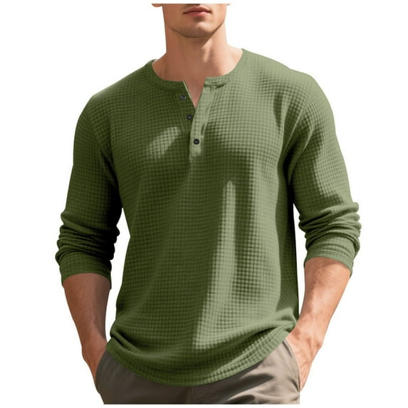 Men's Long Sleeve Waffle Knit Tops 3 Buttons Henley Tee Shirt Casual Solid Color Tshirts for Fall Spring Winter (3XL, Army Green)