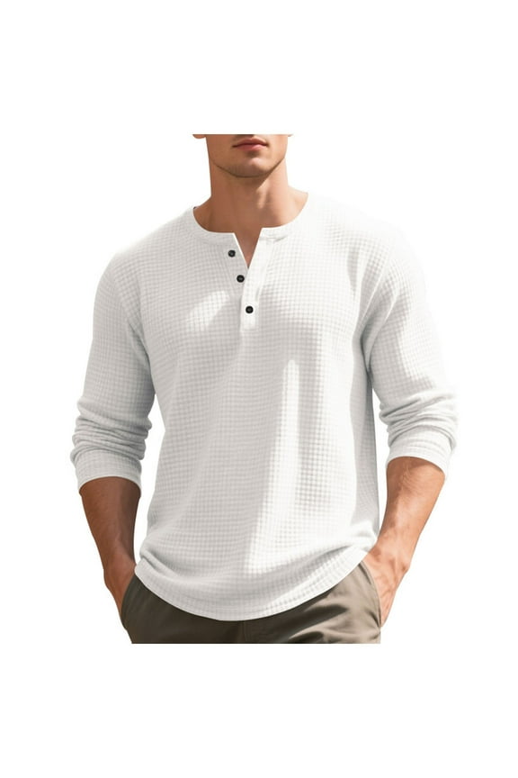 Men's Long Sleeve Waffle Knit Tops 3 Buttons Henley Tee Shirt Casual Solid Color Tshirts for Fall Spring Winter (XL, White)