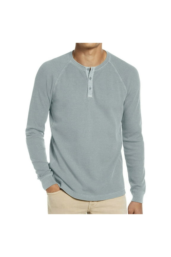 Men's Long Sleeve Waffle Knit Tops Sweaters Henley Neck Shirt Knitwear Solid Color Base Layer Pullover Top