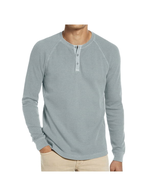 Men's Long Sleeve Waffle Knit Tops Sweaters Henley Neck Shirt Knitwear Solid Color Base Layer Pullover Top
