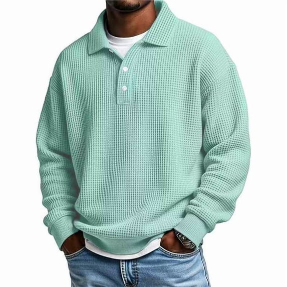 Men's Long Sleeve Waffle Polo Shirt Collared Button Down Casual Pullover Sweatshirt Knit Shirt