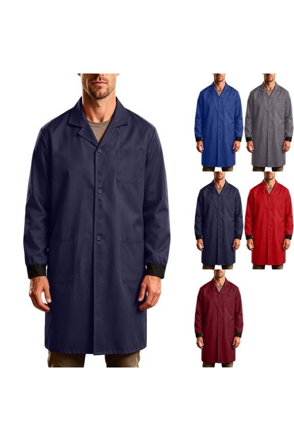 Men's Long Sleeve Workshop Coat Long Lab Jacket Ribbed Cuffs Button Front Dust Coat Utility Shop Outerwear Workwear for Warehouse Mechanic, Navy, XL