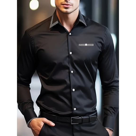 Men's Long Sleeve Wrinkle Free Dress Shirts Business Casual Button Down Shirt Black 3XL