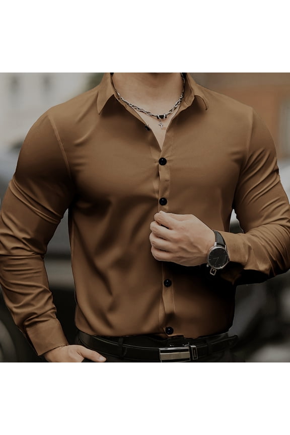 Men's Long Sleeve Wrinkle Free Dress Shirts Inner Contrast Business Casual Button Down Shirt Brown XL