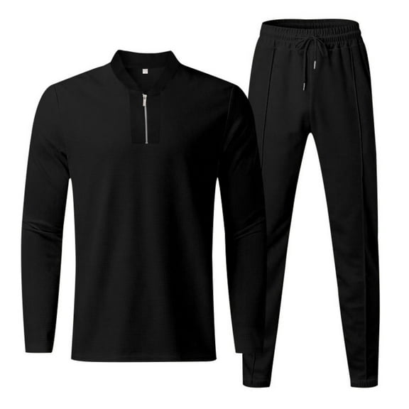 Men’s Long Sleeve Zip Collar Top and Elastic Waist Drawstring Pants Tracksuit Set Casual Athletic Outfit