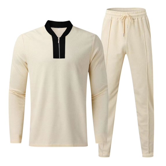 Men’s Long Sleeve Zip Collar Top and Elastic Waist Drawstring Pants Tracksuit Set Casual Athletic Outfit
