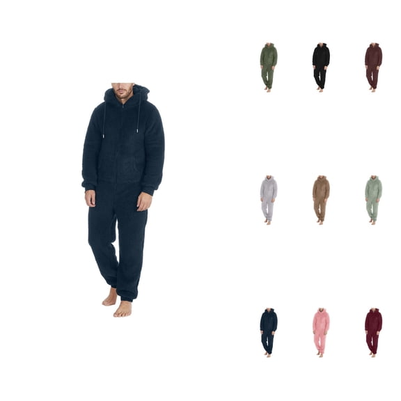 Men's Long Sleeve Zipper Hooded Jumpsuit Pajamas â Solid Color Loose Fit Winter Warm Sleepwear Rompe, 1-Piece Casual Loungewear