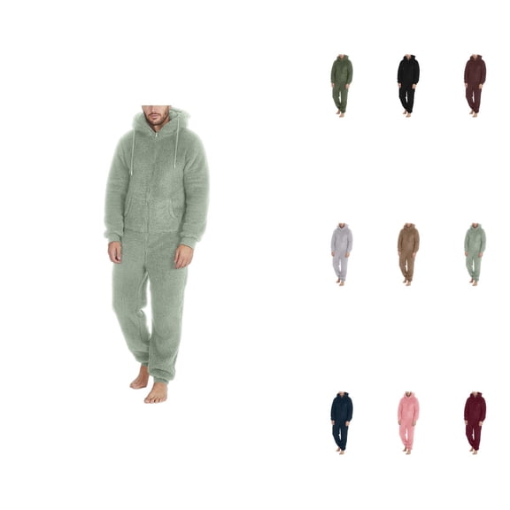 Men's Long Sleeve Zipper Hooded Jumpsuit Pajamas â Solid Color Loose Fit Winter Warm Sleepwear Rompe, 1-Piece Casual Loungewear