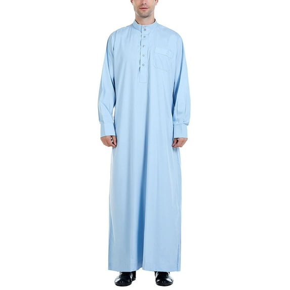 Men's Long-Sleeved Button-Down Solid Color Printed Shirt Stylish Nightgown Sky Blue,XXL