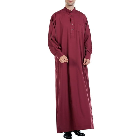 Men's Long-Sleeved Button-Down Solid Color Printed Shirt Stylish Nightgown Wine,M