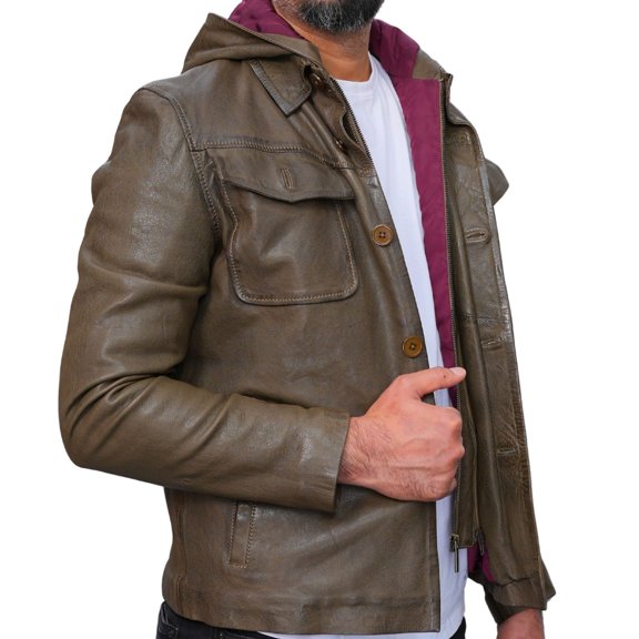 Men’s Long Sleeved Casual Button Leather Jacket With Removable Leather Hoodie Cap (Olive Green)