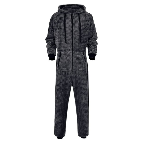 Men's Long Sleeved Flannel Jumpsuit Zipper Hood Pajamas, Pajamas