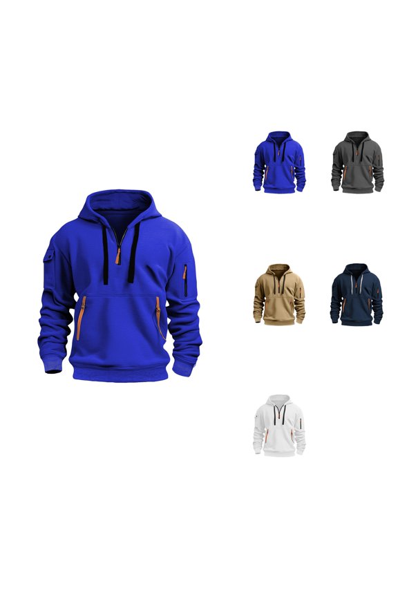 Men's Long Sleeved Hoodie, Casual Unique Outdoor Design, Solid Color, Quarter-Zip with Pockets Drawstring