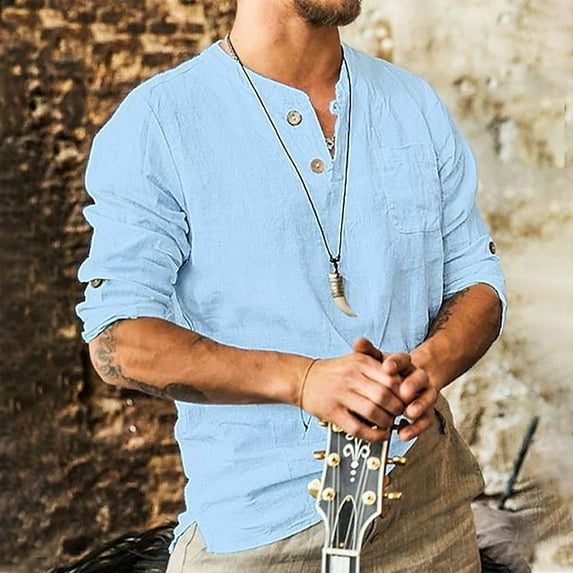 Men's Long Sleeved Shirt Cotton Linen Turn-Down Collar Button Loose Shirt Top Blouse Autumn Long Sleeve Top for Man Fashion